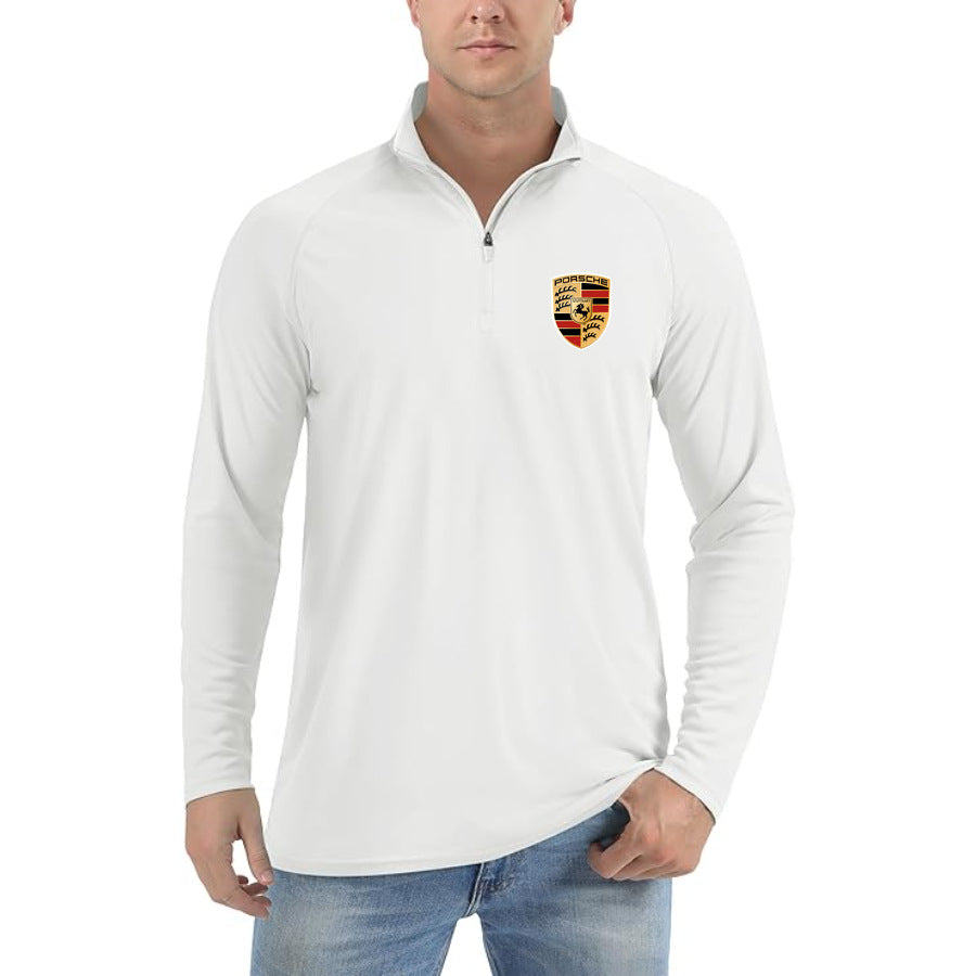 Men's Porsche Car Lightweight Quarter-Zip Athletic Shirt Long Sleeve Polyester Wear - White