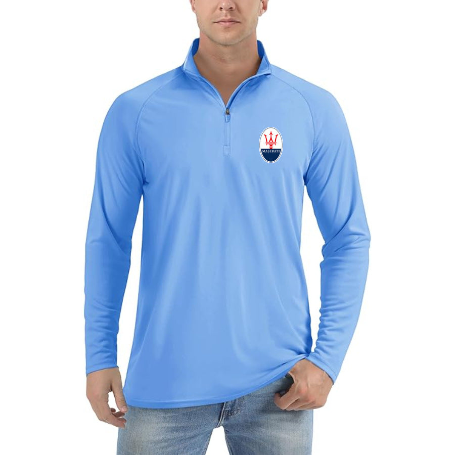 Men's Maserati Car Lightweight Quarter-Zip Athletic Shirt Long Sleeve Polyester Wear - Light Blue