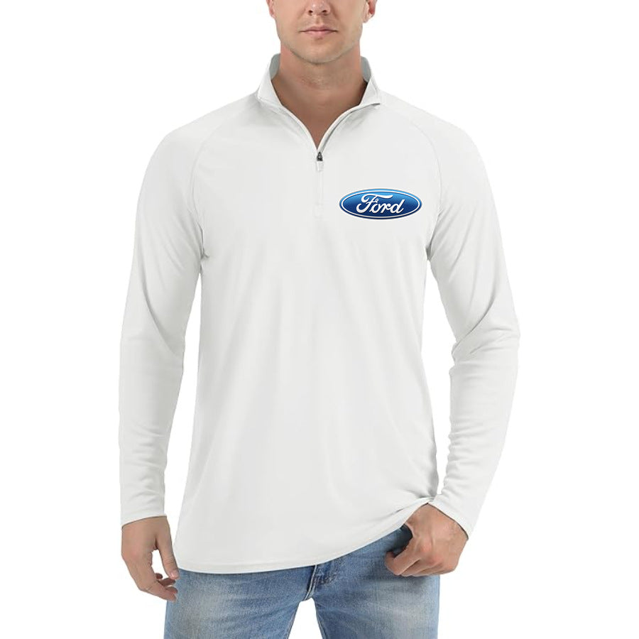 Men's Ford Car Lightweight Quarter-Zip Athletic Shirt Long Sleeve Polyester Wear - White