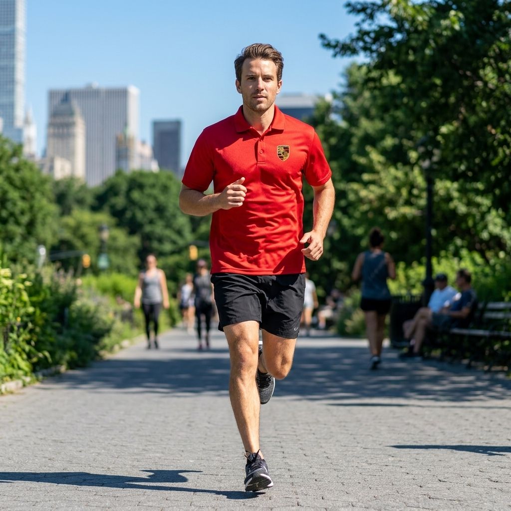 Man jogging in city park wearing navy men's Porsche polyester polo, highlighting athletic fit and moisture-wicking qualities in motion.