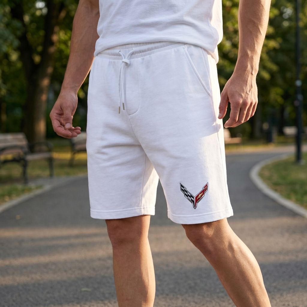 Close-up of male model in white Chevrolet Corvette fleece shorts in an urban park during early morning, emphasizing fabric texture and casual style.