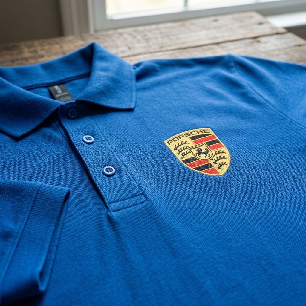Macro shot of men's Porsche Car Dry Blend Polo fabric laid flat, showing knit texture, buttons, and construction details.