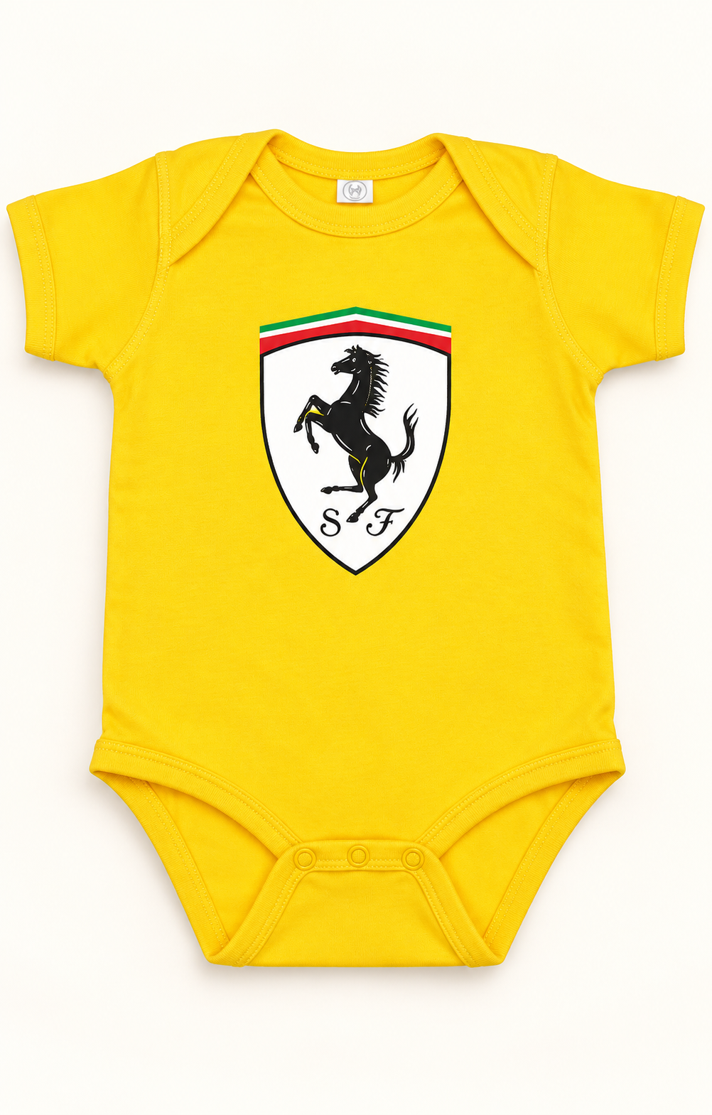Ferrari Motorsport Car Baby Romper Onesie | Color: Yellow | Image 1