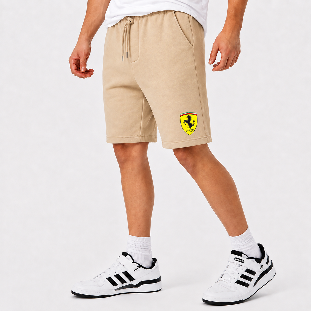 Ferrari fleece shorts Beige front logo near left hem