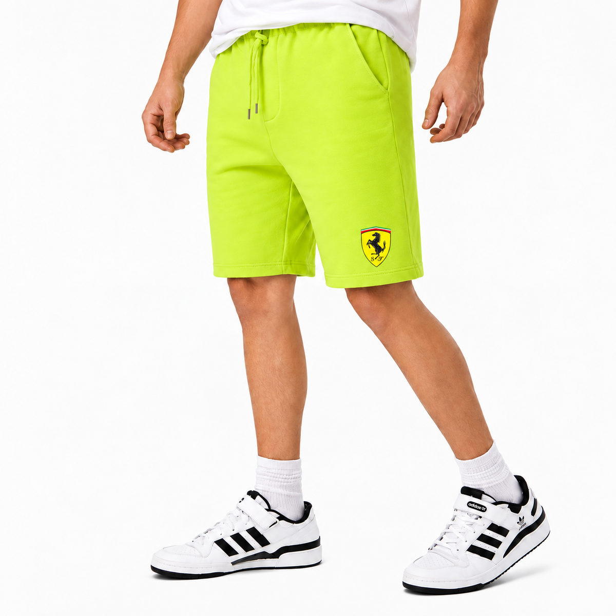 Ferrari fleece shorts Lime Green front logo near left hem