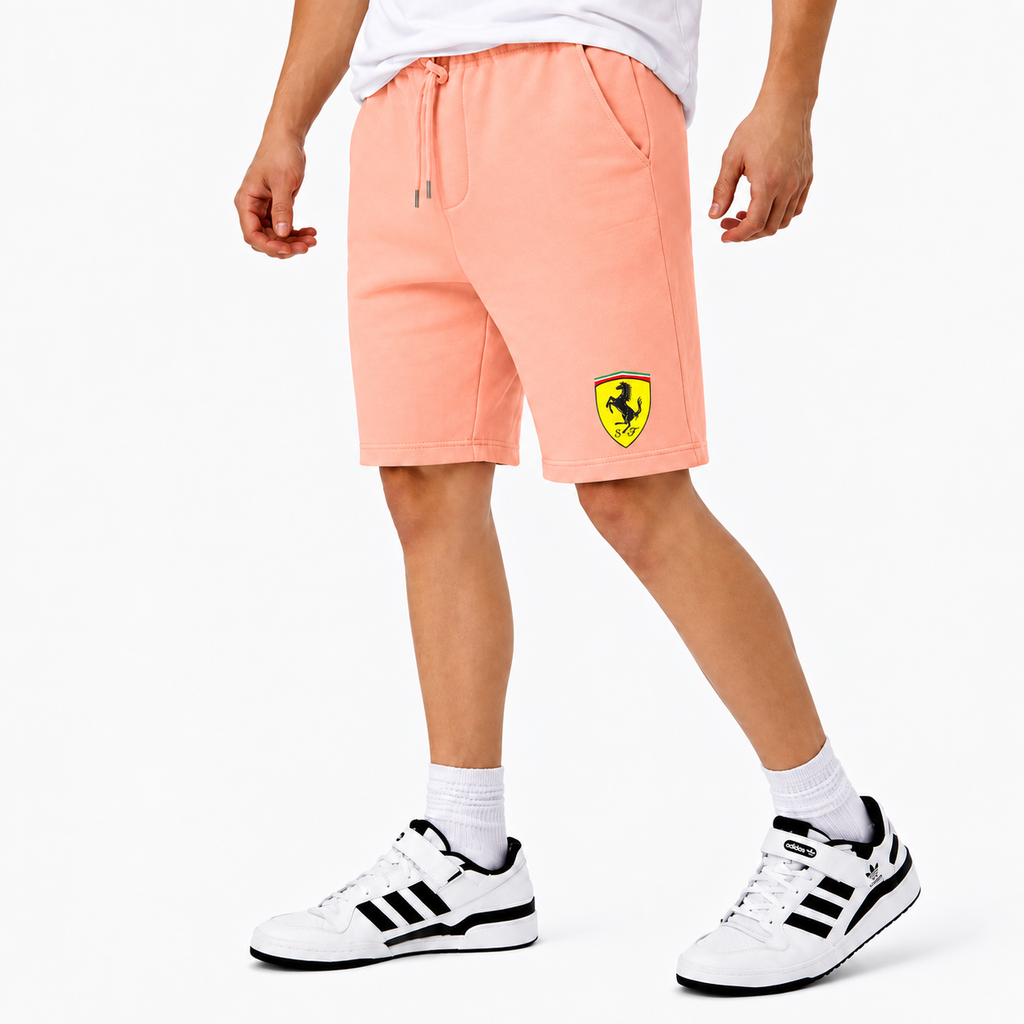 Ferrari fleece shorts Peach front logo near left hem