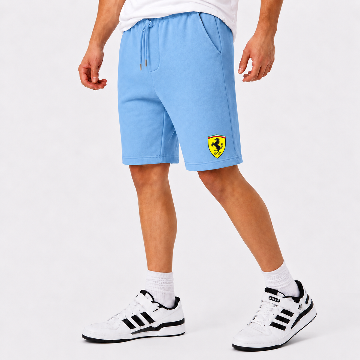 Ferrari fleece shorts Sky Blue front logo near left hem