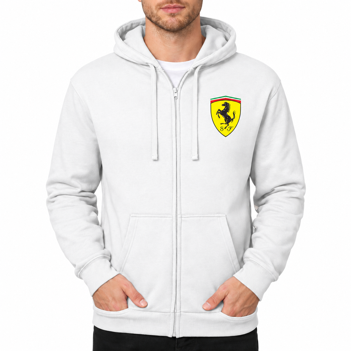 Ferrari White zipper hoodie front left chest heat transfer