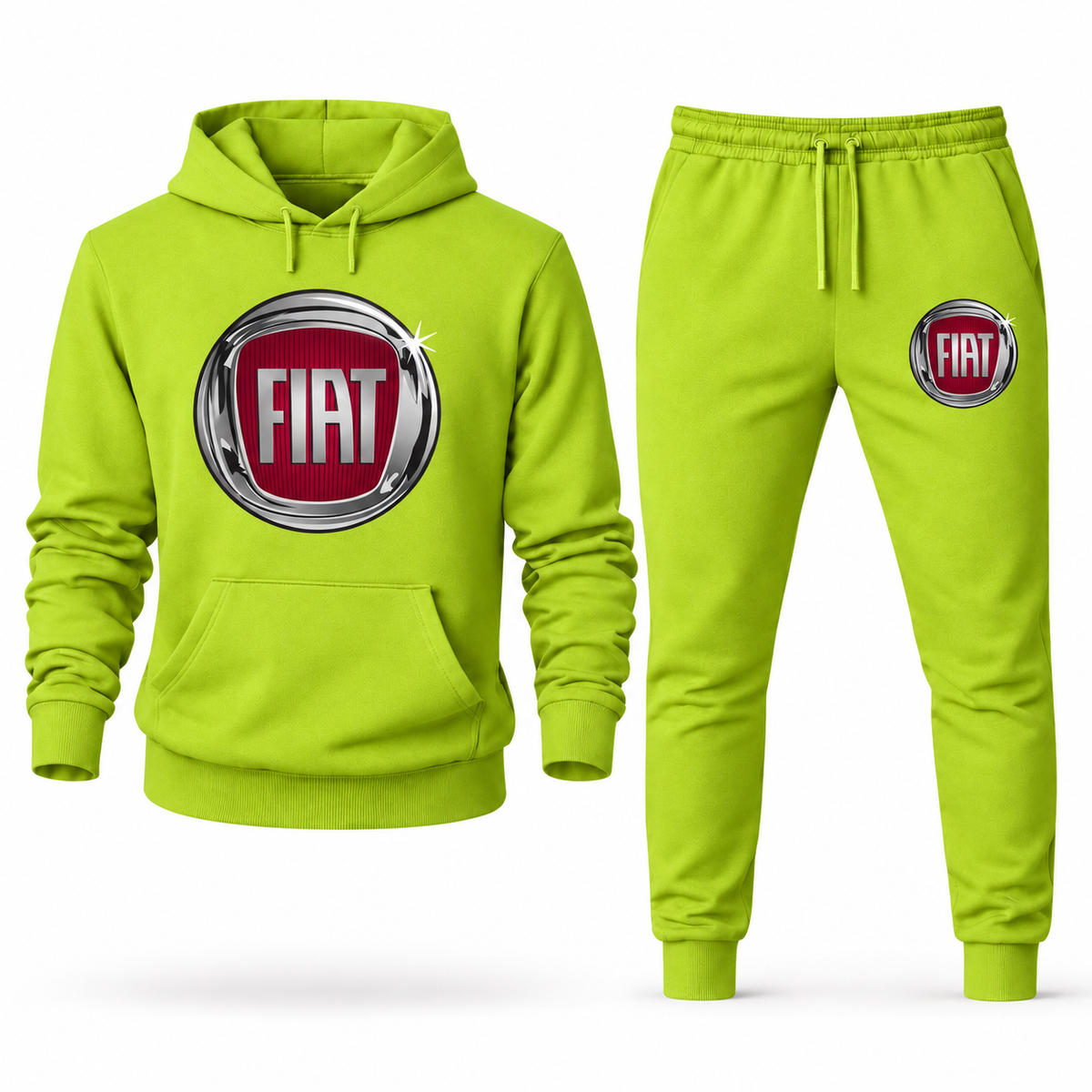 Fiat hoodie joggers set Lime Green front centered chest and left thigh heat transfer