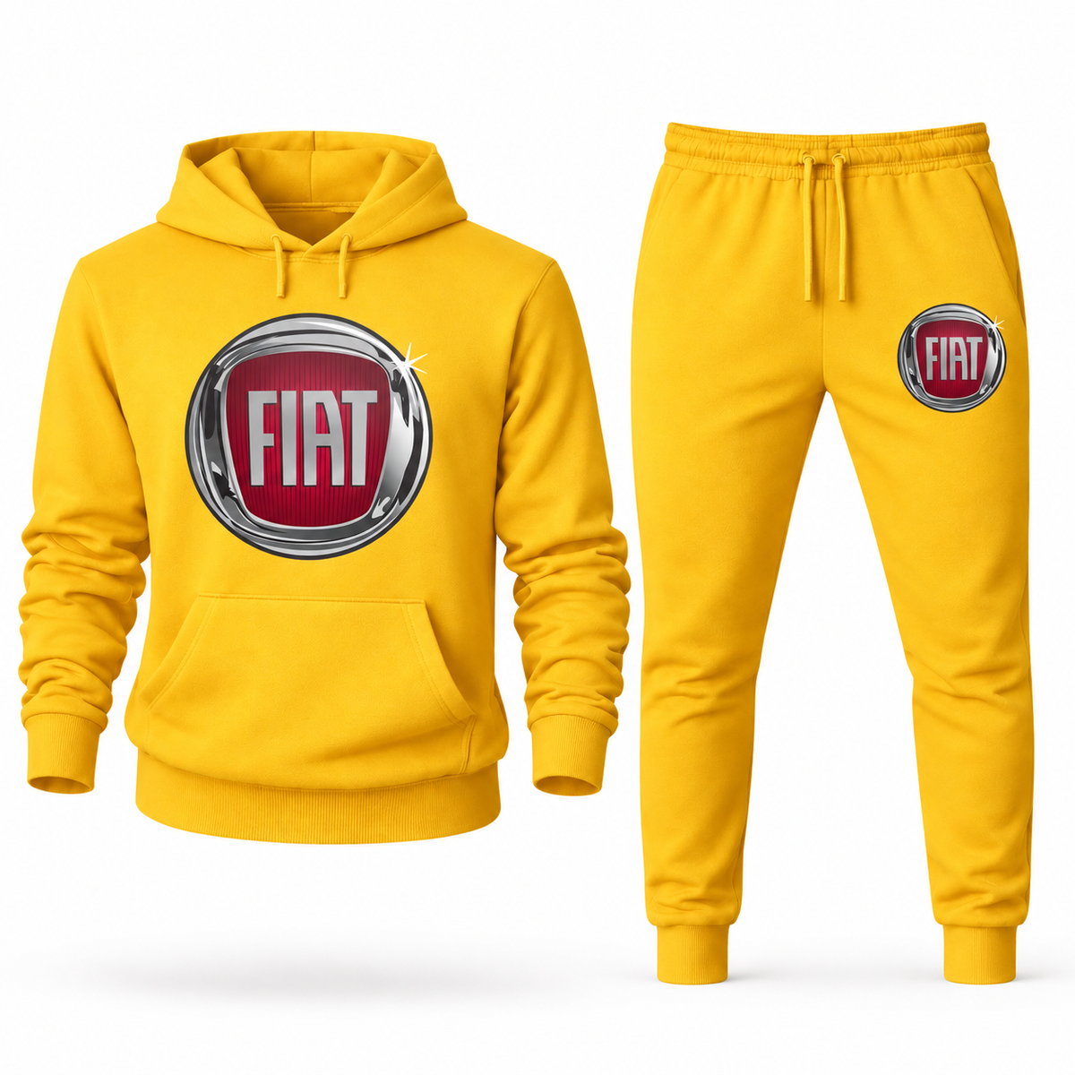 Fiat hoodie joggers set Yellow front centered chest and left thigh heat transfer