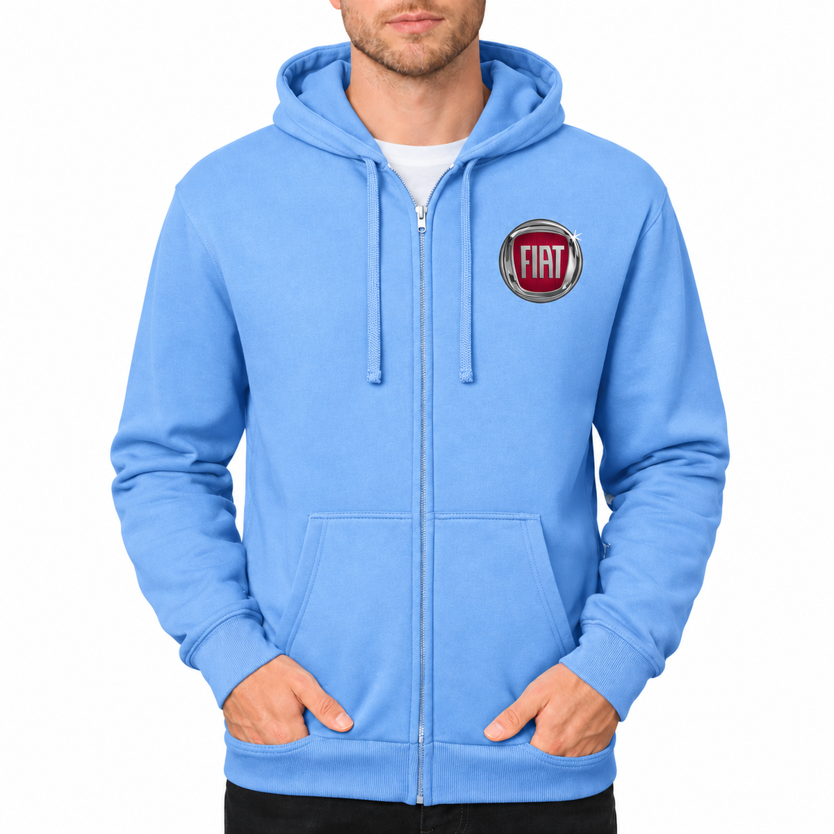 Fiat zipper hoodie Sky Blue front left chest heat transfer