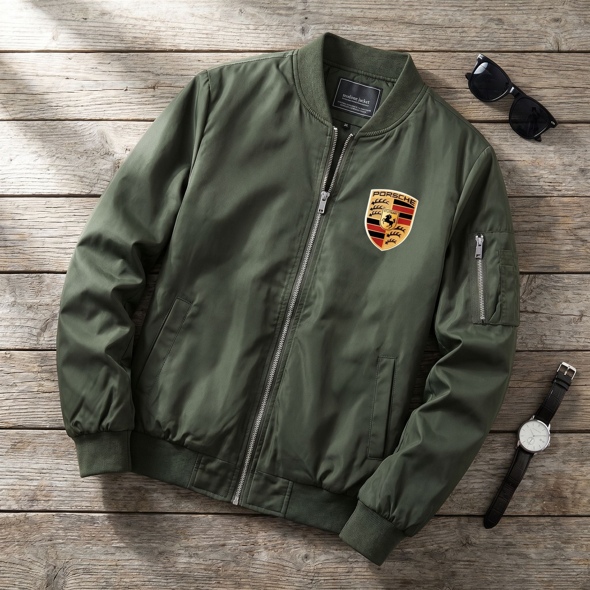 Flat-lay of men's bomber jacket draped over wooden surface with sunglasses and watch.