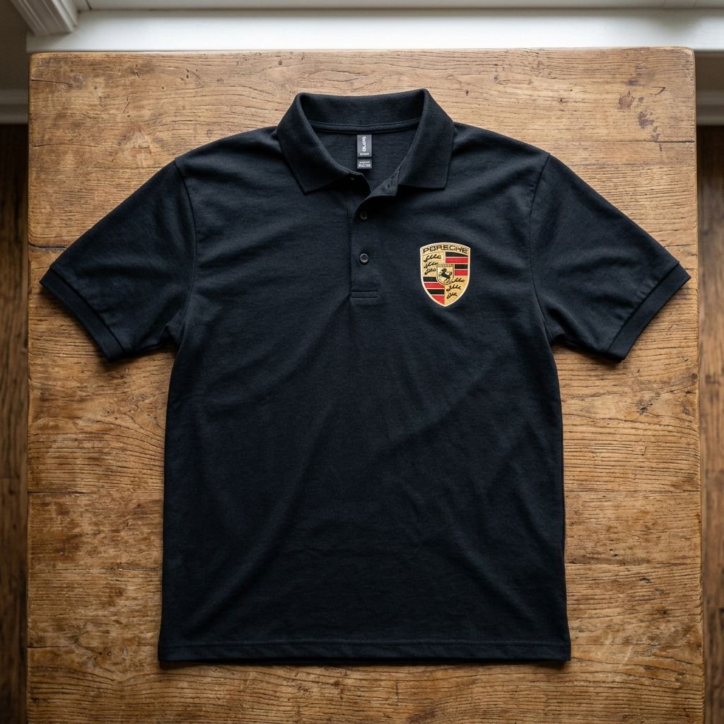 Overhead flat lay of Men’s Porsche Polo on textured wood, emphasizing fabric and stitching details.