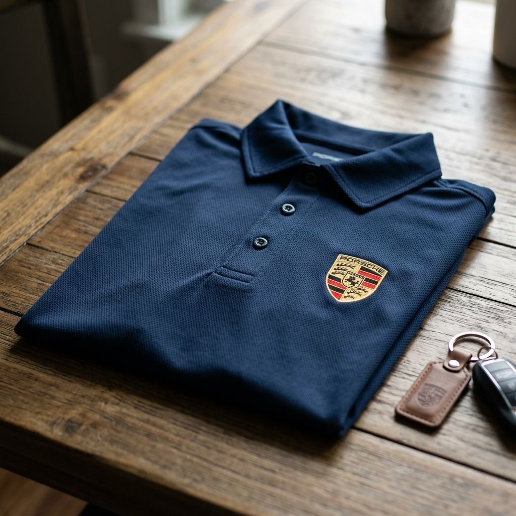 Flat lay of navy Porsche polyester polo on textured surface, highlighting material texture, stitching, and modern fit.