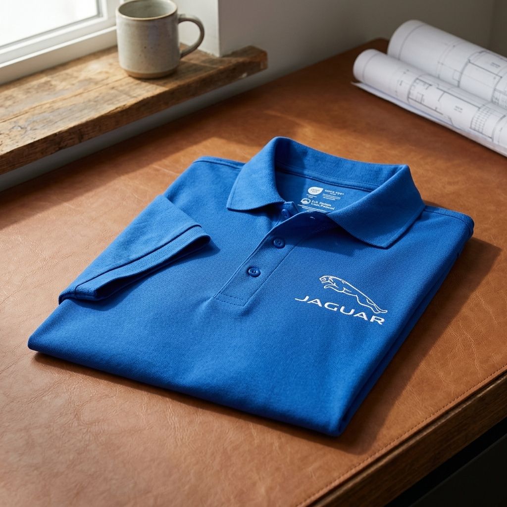 Flat lay of Men’s Jaguar Symbol Polo laid on textured surface, showing collar, buttons, and fabric detail with natural light.