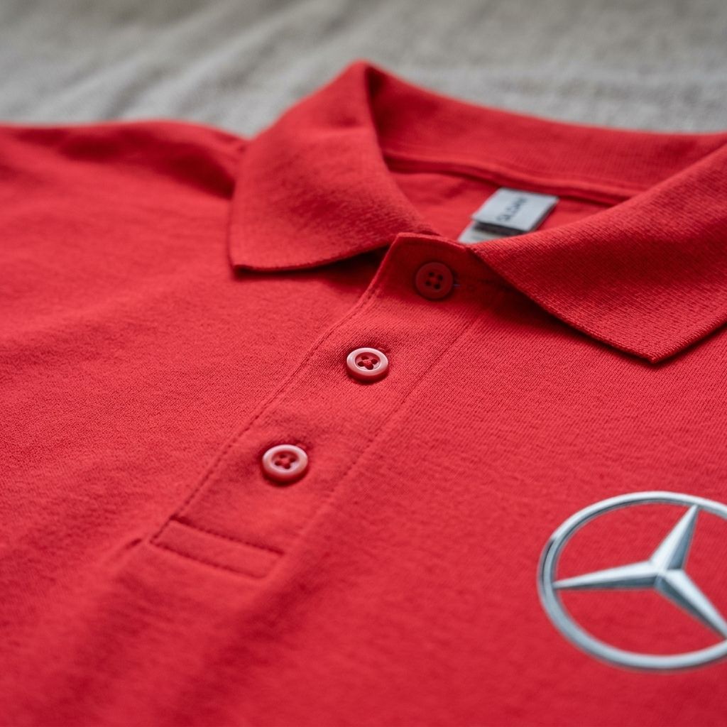 Close-up of finished placket with dyed-to-match buttons on men's Mercedes-Benz polo shirt.