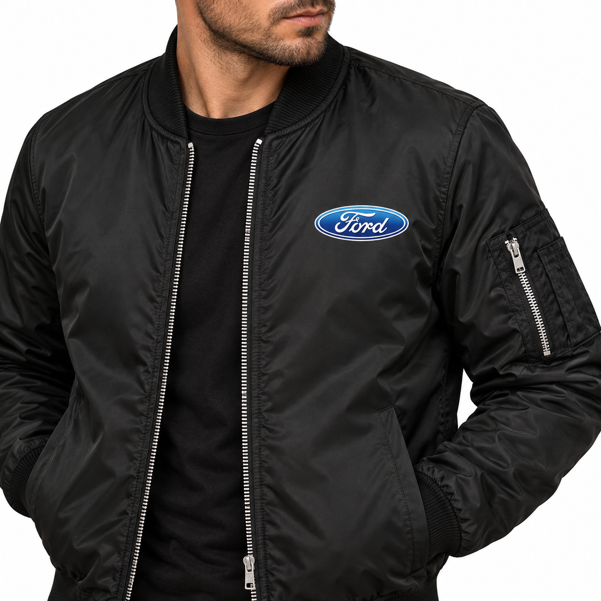 Men’s Ford Car Lightweight Bomber Jacket | Color: Black | Image 4 | Logo Detail