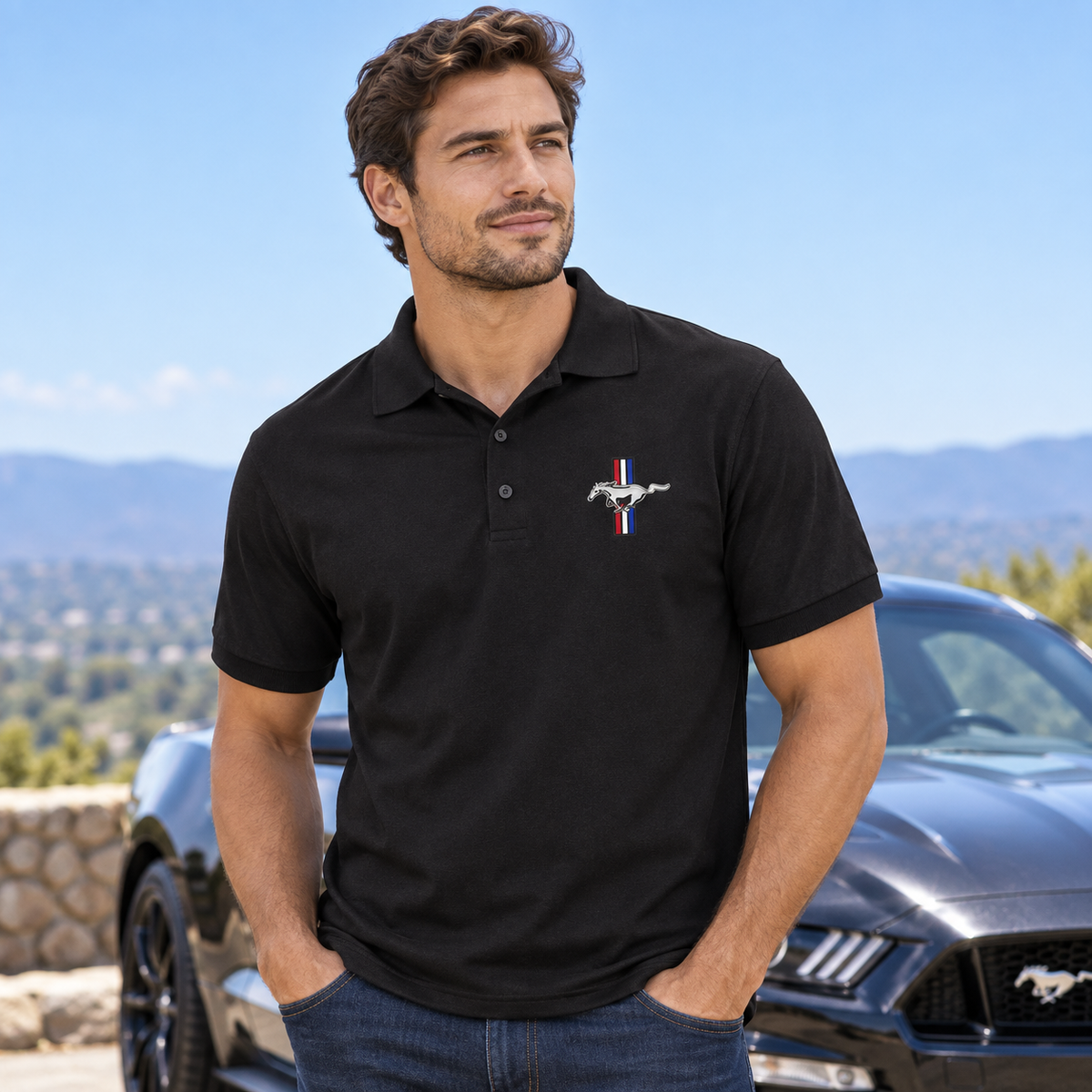 Men’s Ford Mustang New Car Dry Blend Polo | Color: Black | Image 1