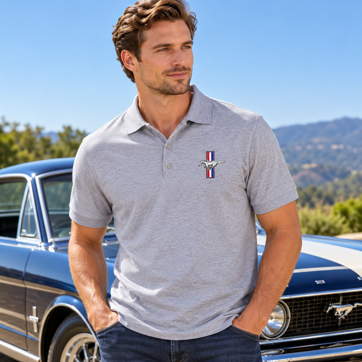 Men’s Ford Mustang New Car Dry Blend Polo | Color: Grey | Image 1