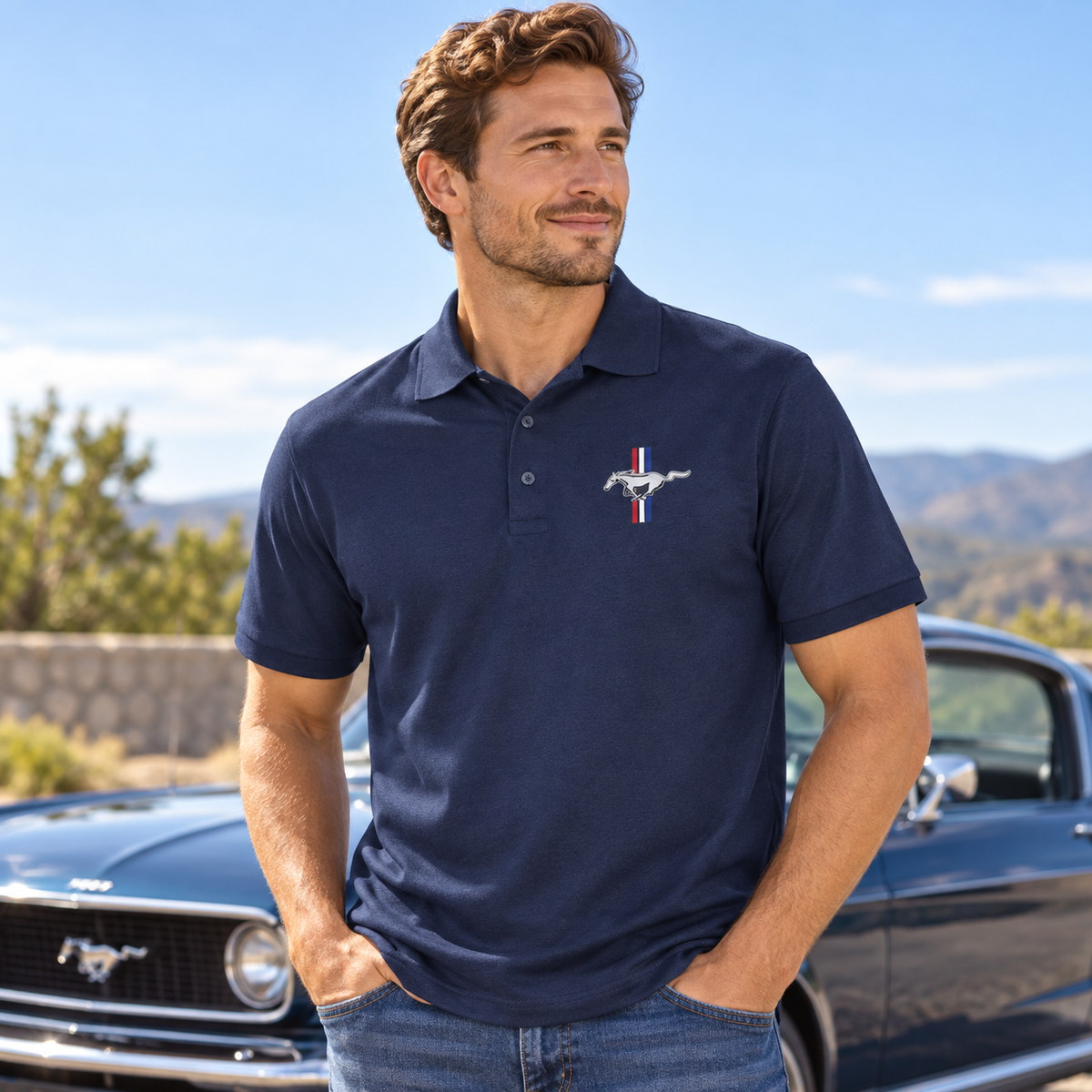 Men’s Ford Mustang New Car Dry Blend Polo | Color: Navy | Image 1