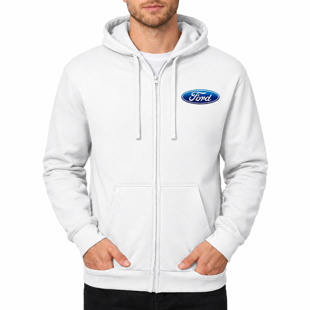 Ford White zipper hoodie front left chest heat transfer