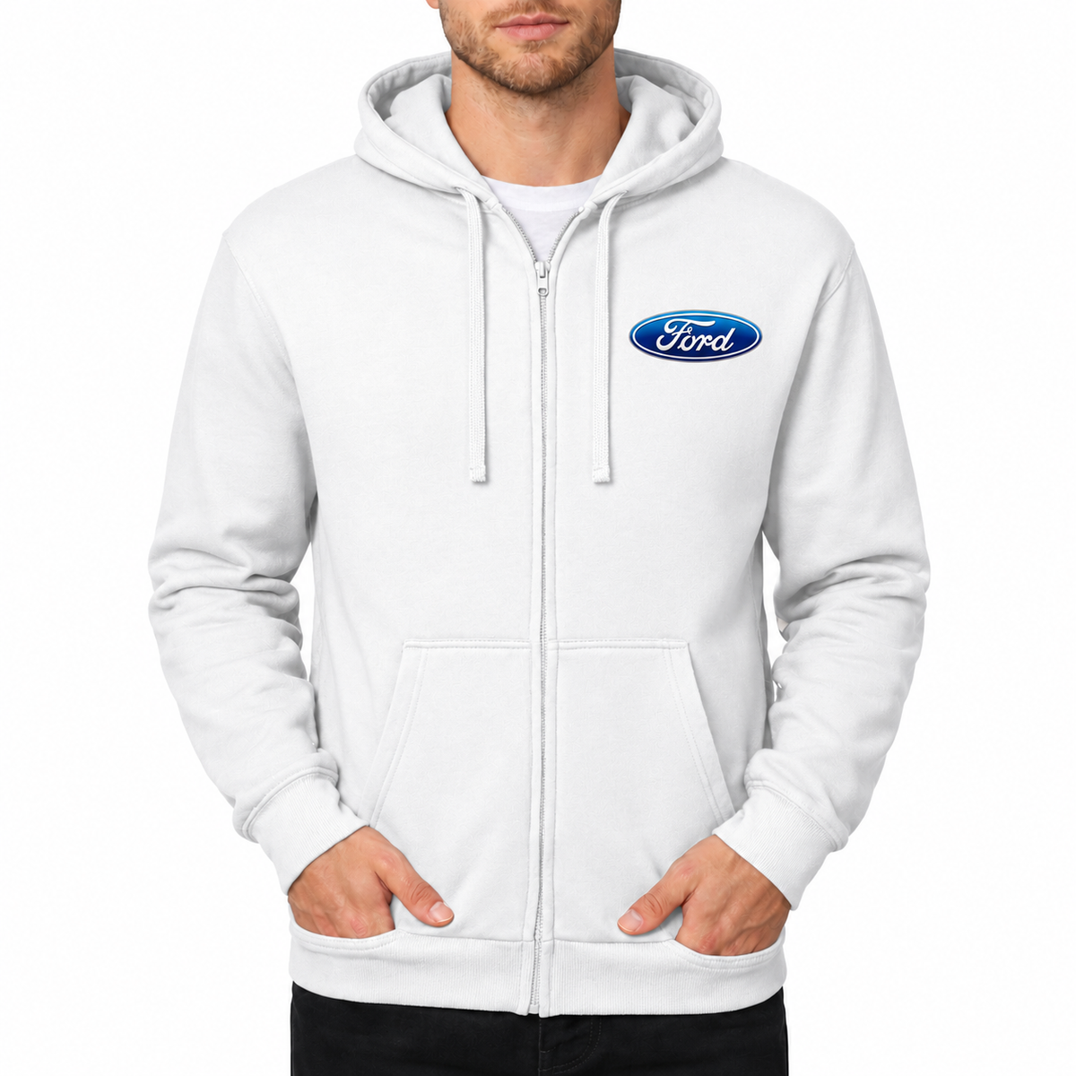 Ford White zipper hoodie front left chest heat transfer