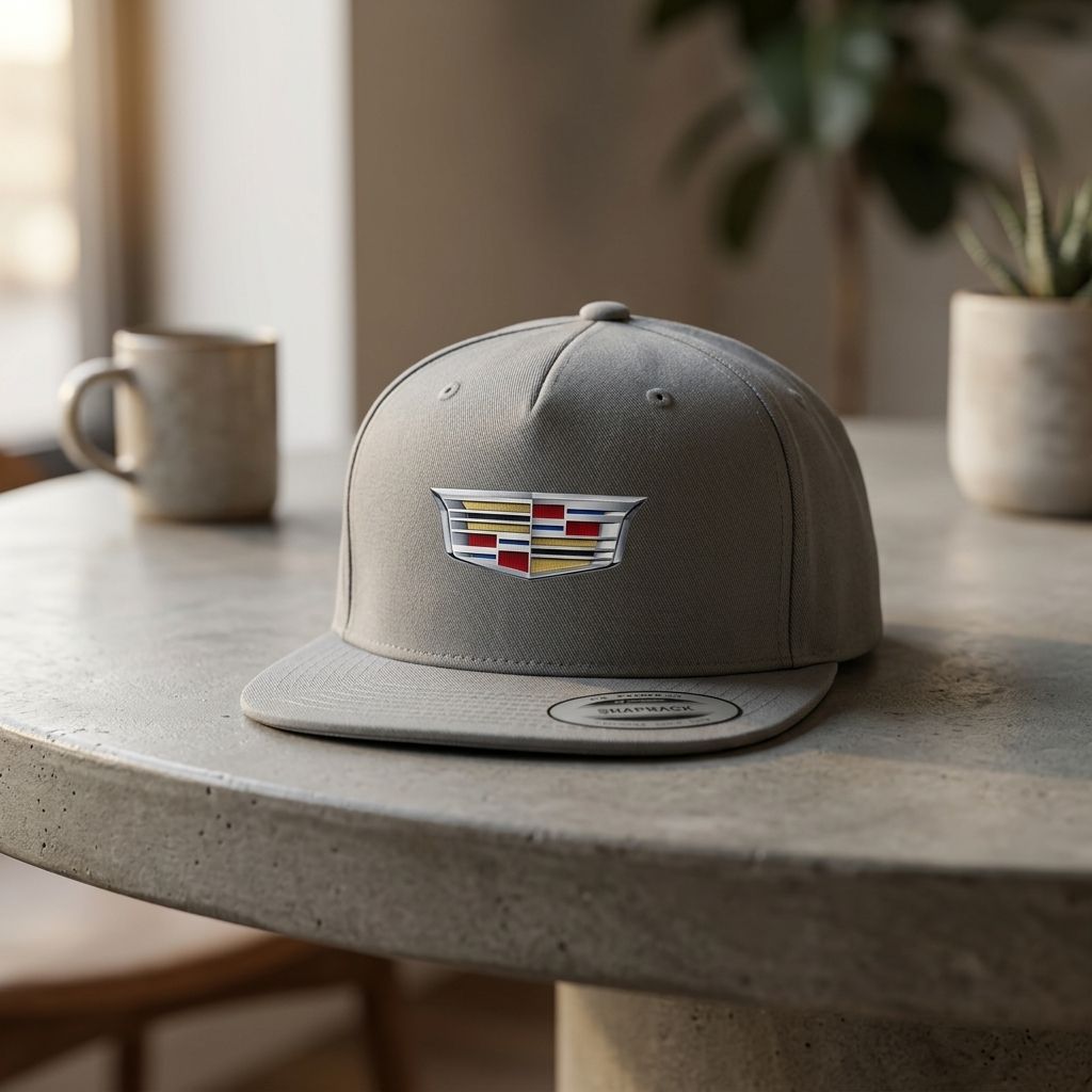 Full view of Cadillac Car Snapback Hat on concrete table highlighting its proportions and adjustable snapback.