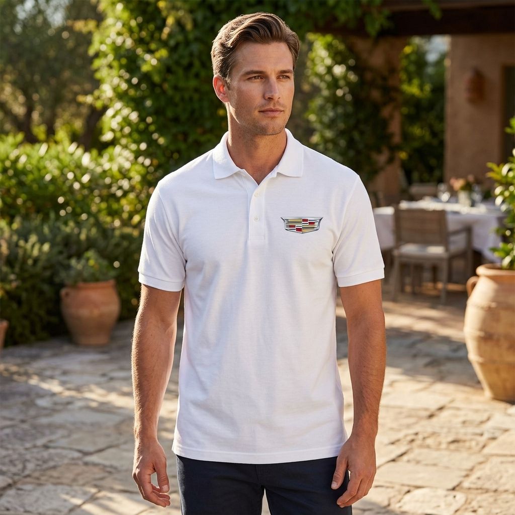 Full-body of man wearing Men’s Cadillac Car Dry Blend Polo in outdoor setting, highlighting classic fit, structured collar, cuffs, and natural daylight reflection.