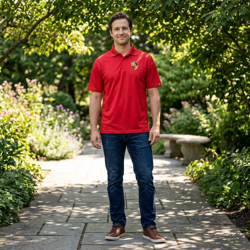 Man wearing men's Porsche polyester polo in a relaxed outdoor setting, showcasing athletic fit and polished style with greenery background.