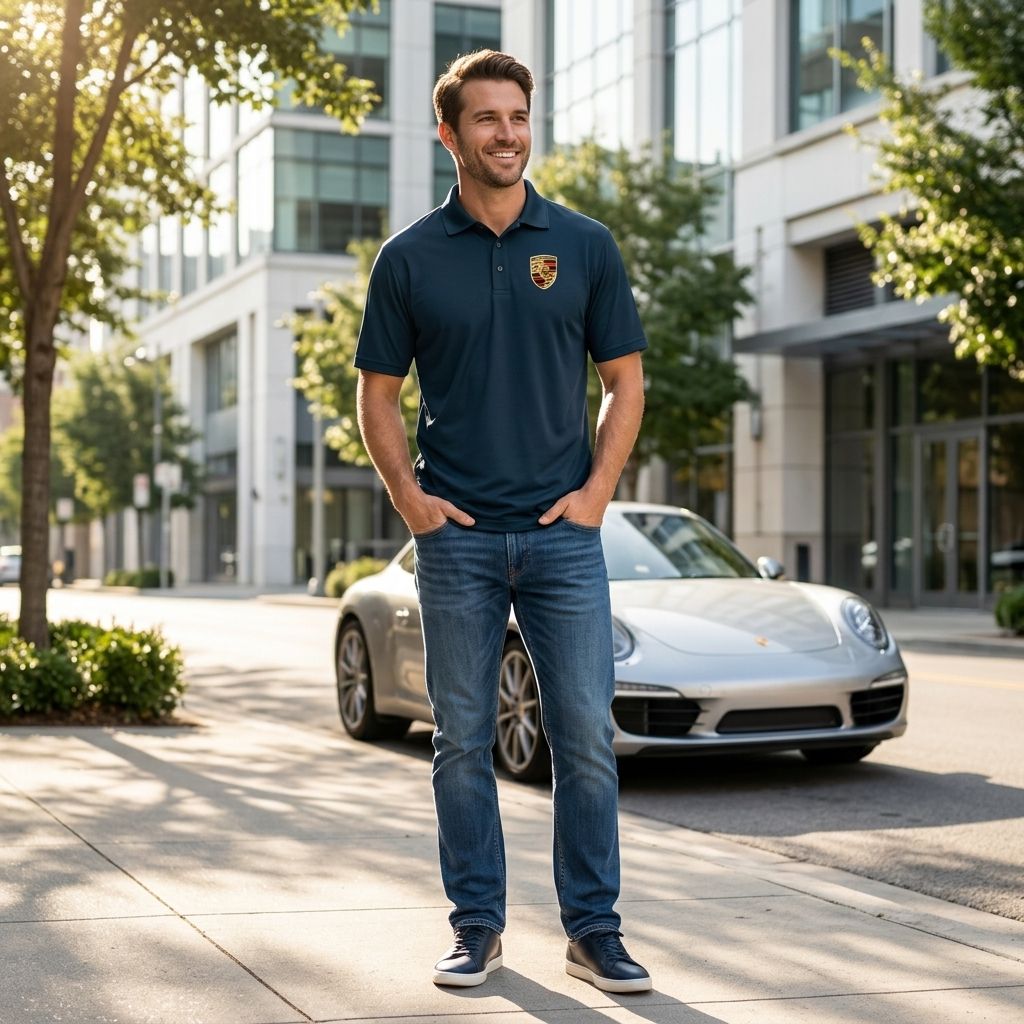 Male model wearing Porsche polyester polo with jeans in a modern city setting, showcasing the athletic fit and casual style.