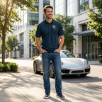 Male model wearing Porsche polyester polo with jeans in a modern city setting, showcasing the athletic fit and casual style.