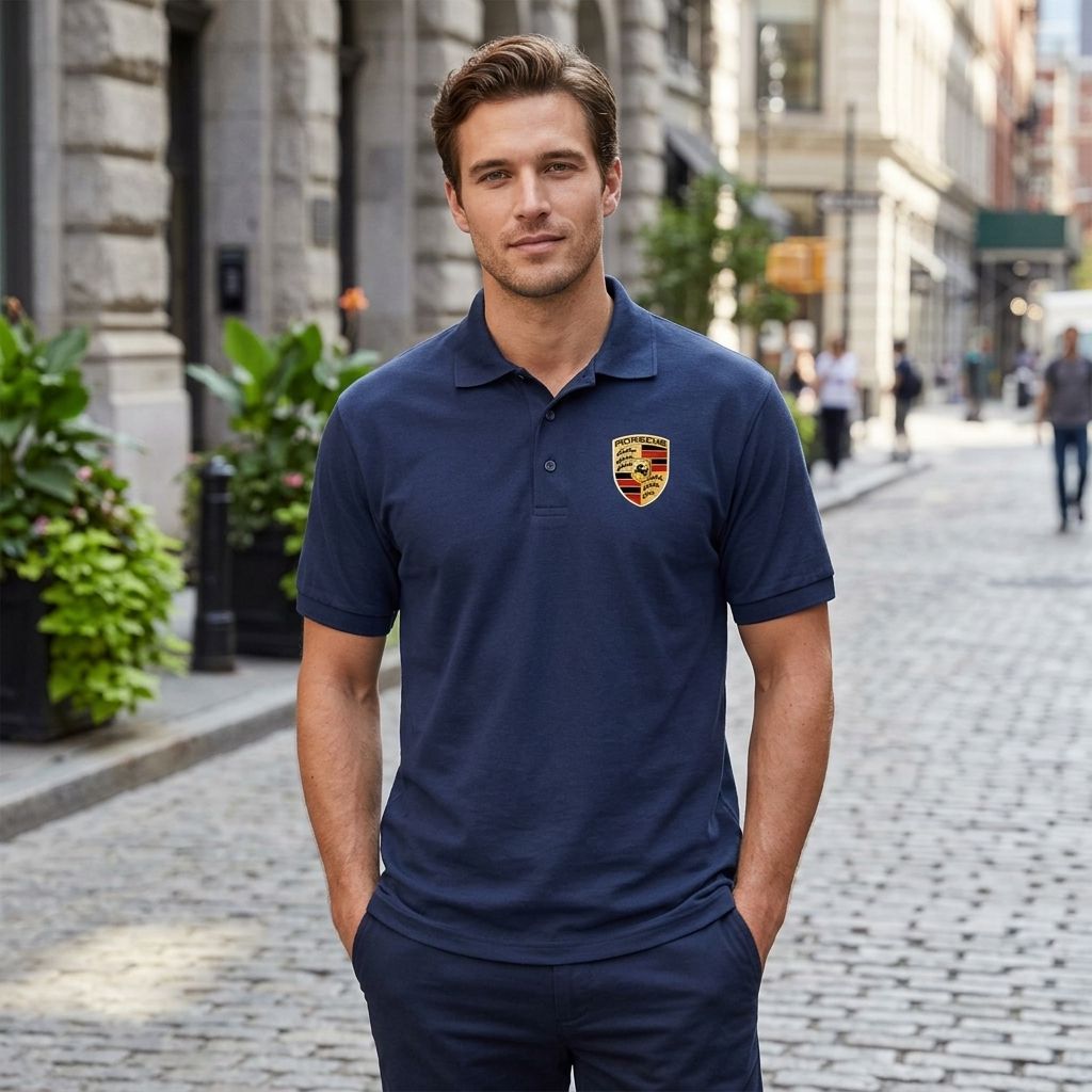 Full-body shot of a man wearing the white Porsche Car Dry Blend Polo on a city street with relaxed posture and urban background.