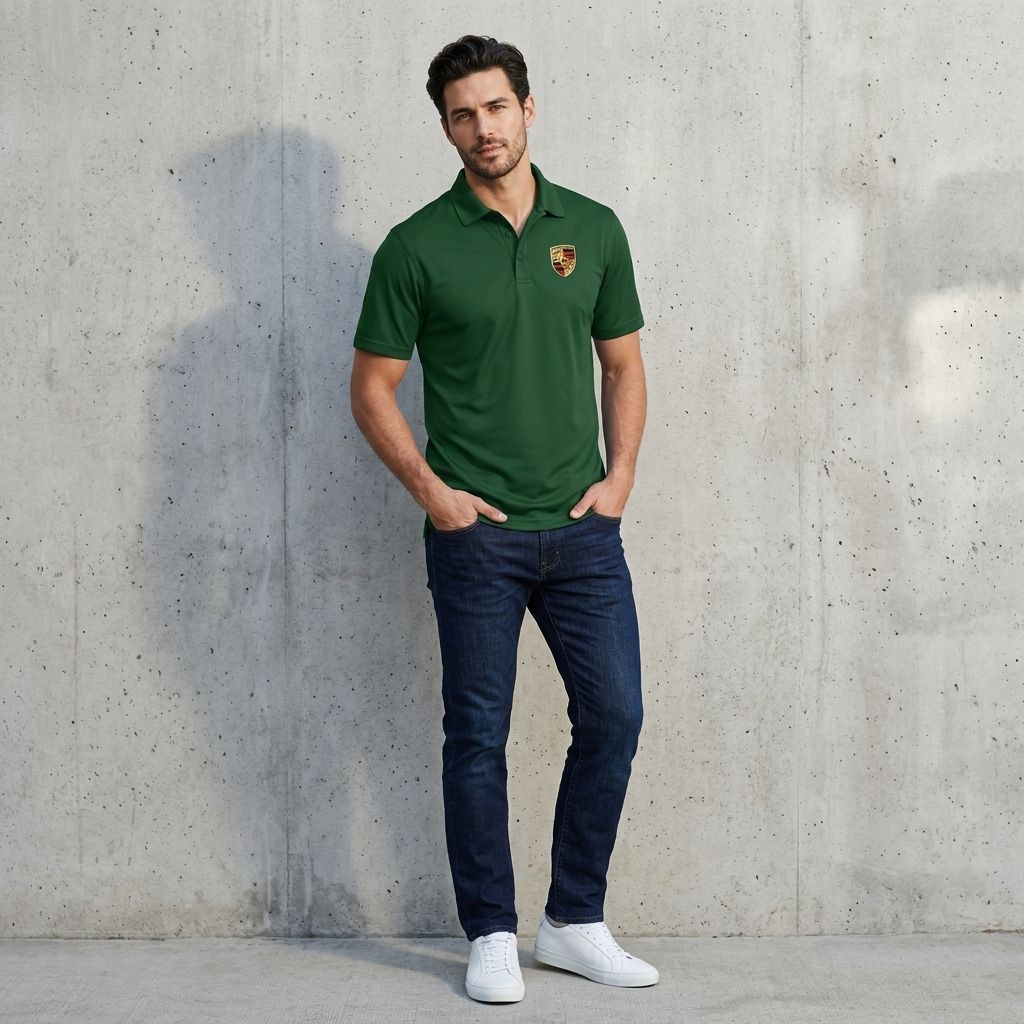 Full-body shot of male model in navy Porsche polyester polo against concrete wall, highlighting sleek fit and fabric texture.