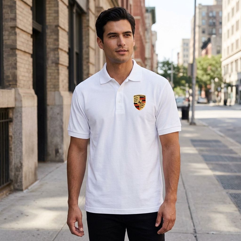 Full-body view of man wearing Porsche Dry Blend Polo on city sidewalk, highlighting fit, cuffs, and fabric color in urban environment.