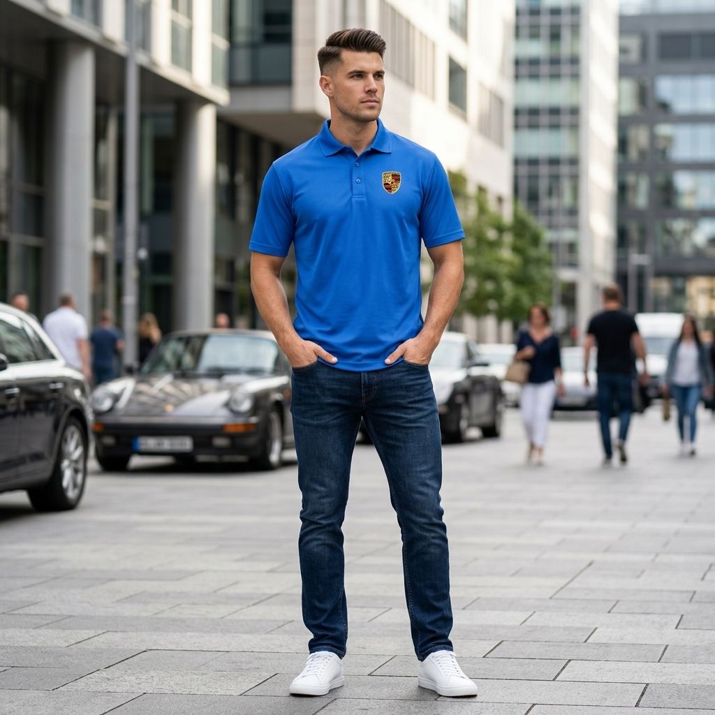 Male model wearing men's Porsche polyester polo in casual street setting, showcasing modern fit and breathable fabric.