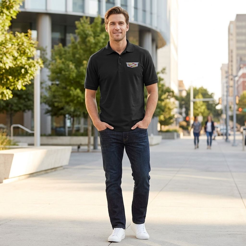 Full-body shot of a male model in black Cadillac Car Dry Blend Polo in outdoor setting, showing classic fit, structured silhouette, and neat finish.