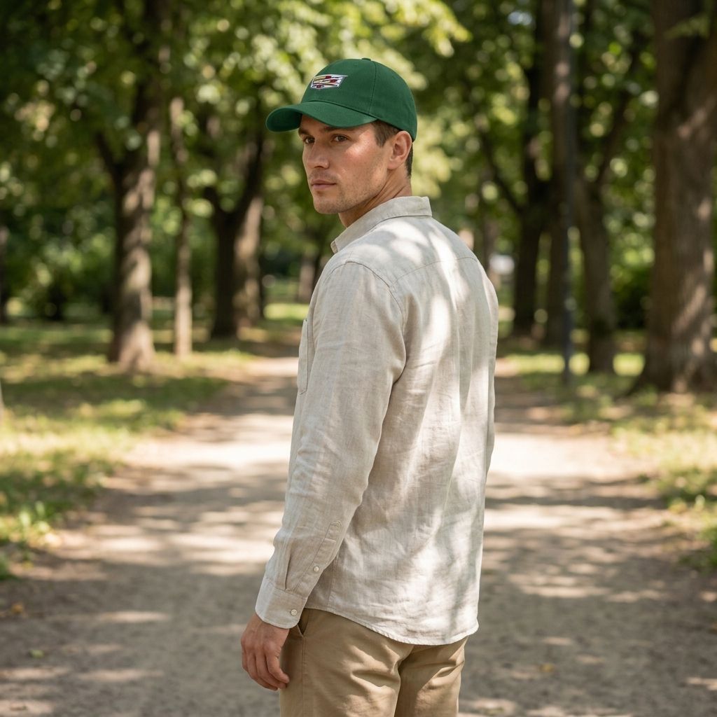Model outdoors wearing Cadillac Car Dad Baseball Cap showing buckle closure and pre-curved visor.