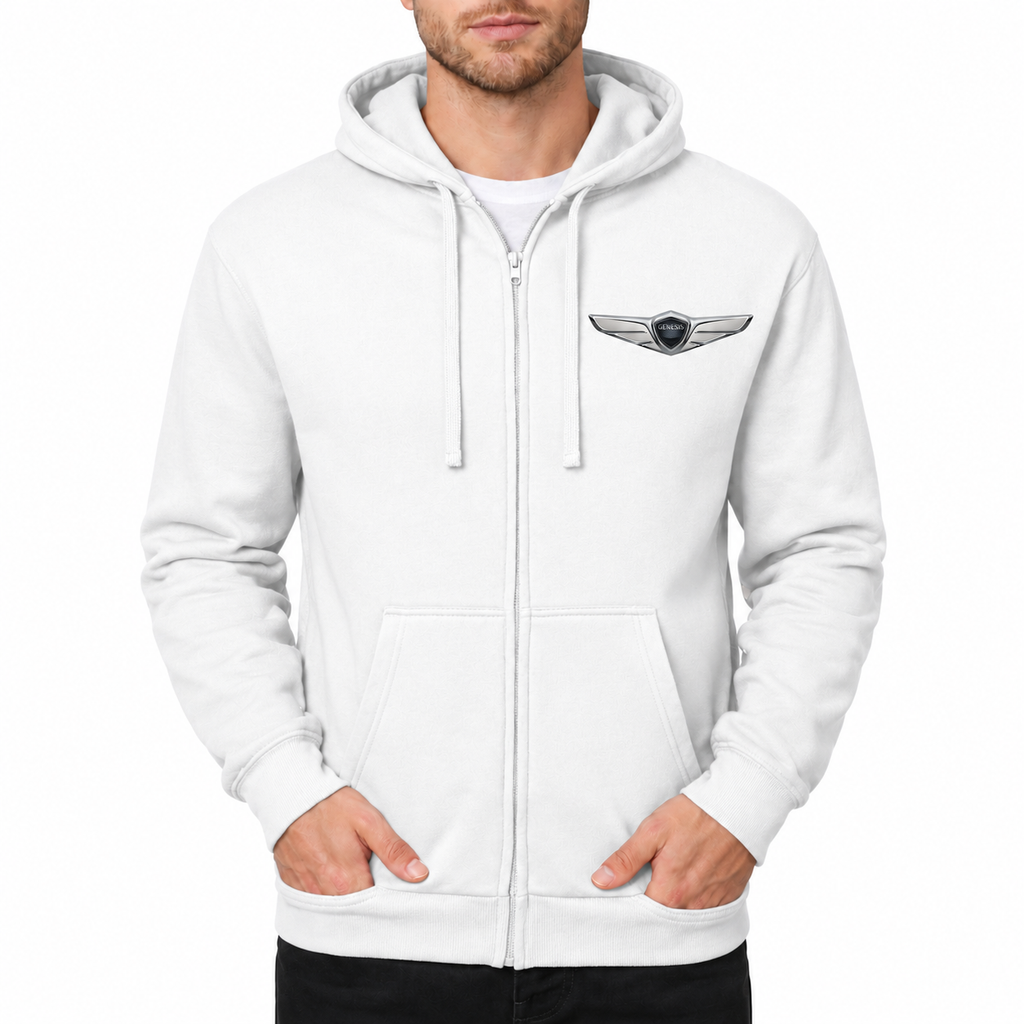 Genesis White zipper hoodie front left chest heat transfer