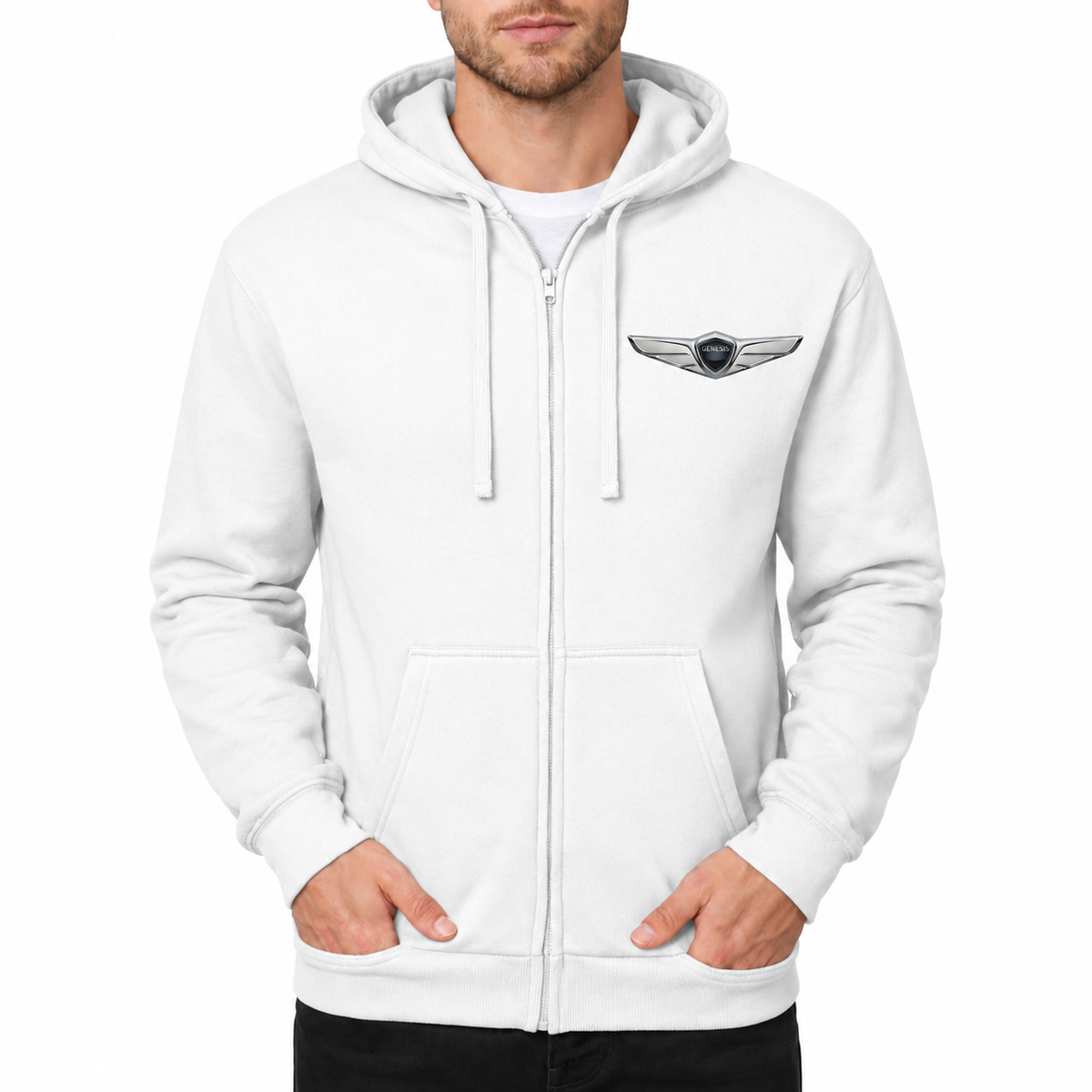 Genesis White zipper hoodie front left chest heat transfer