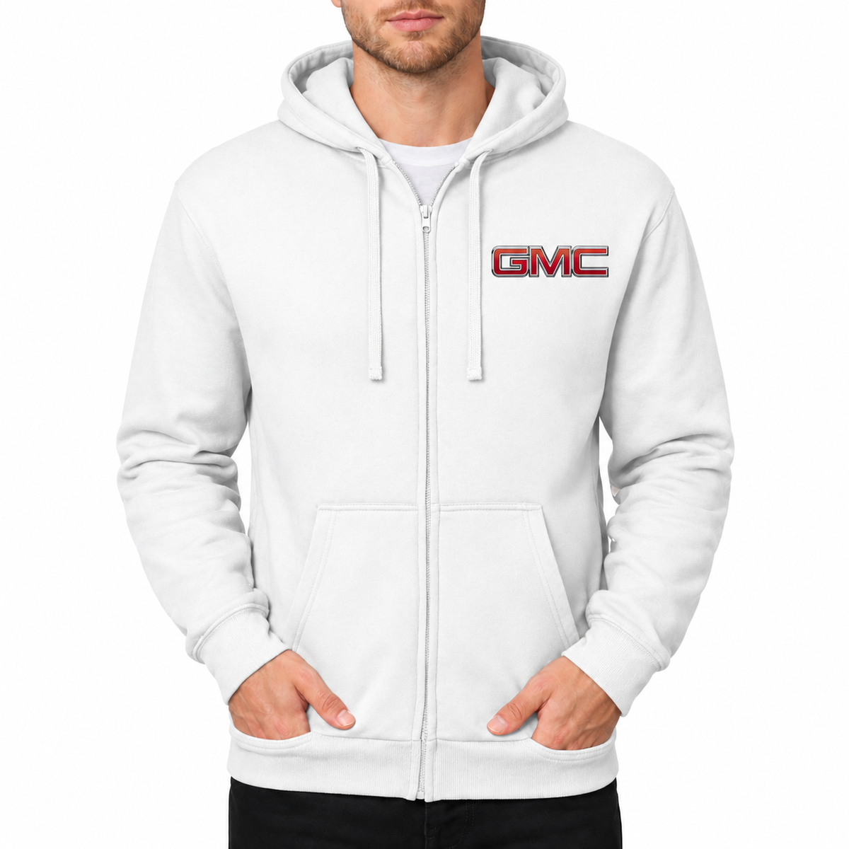 GMC White zipper hoodie front left chest heat transfer