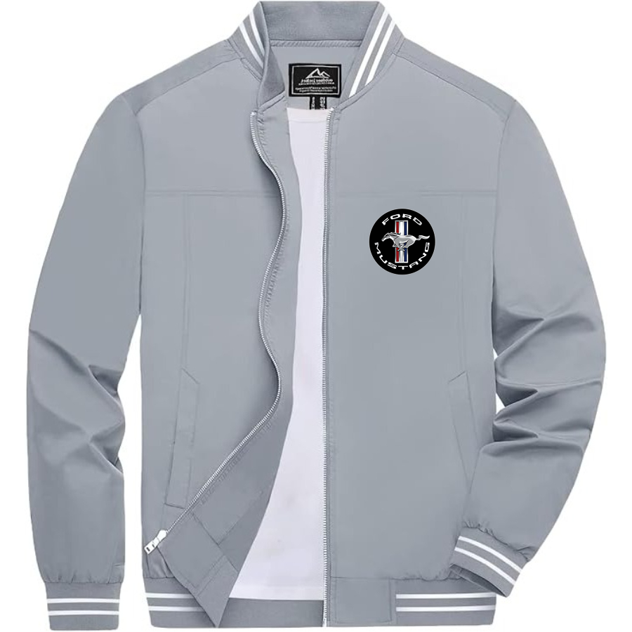 Men’s Ford Mustang Motorsport Supercars Lightweight Zip-Up Bomber Jacket with Ribbed Collar and Cuffs - Versatile Casual Outerwear