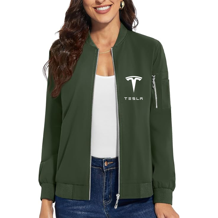 Women's Tesla Car - Premium Bomber Jacket with Polished Detailing and Functional Sleeve Pocket - Modern Luxury Outerwear