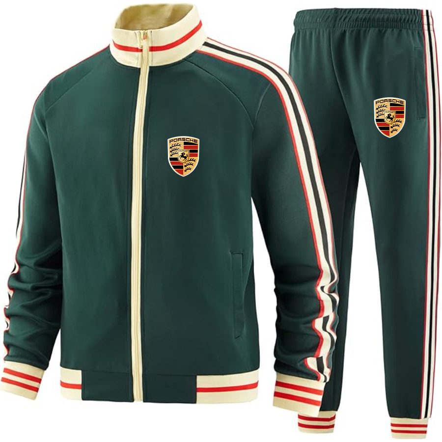 Men's Porsche Car - Premium Two-Piece Designer Tracksuit with Bold Striped Accents and Zippered Front - Elevated Athletic Wear