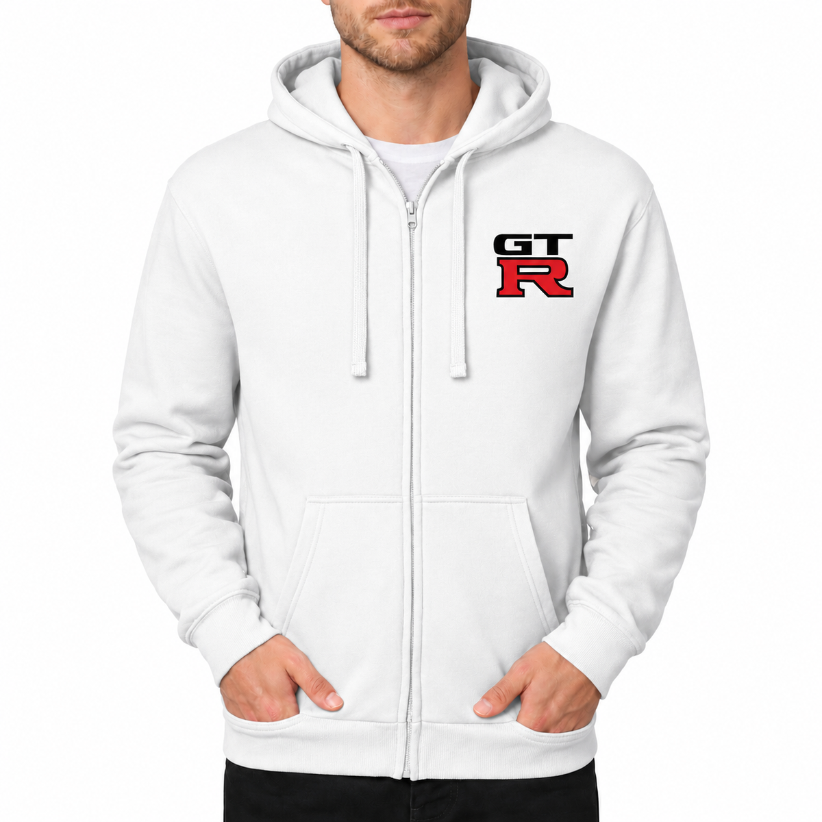 GTR White zipper hoodie front left chest heat transfer