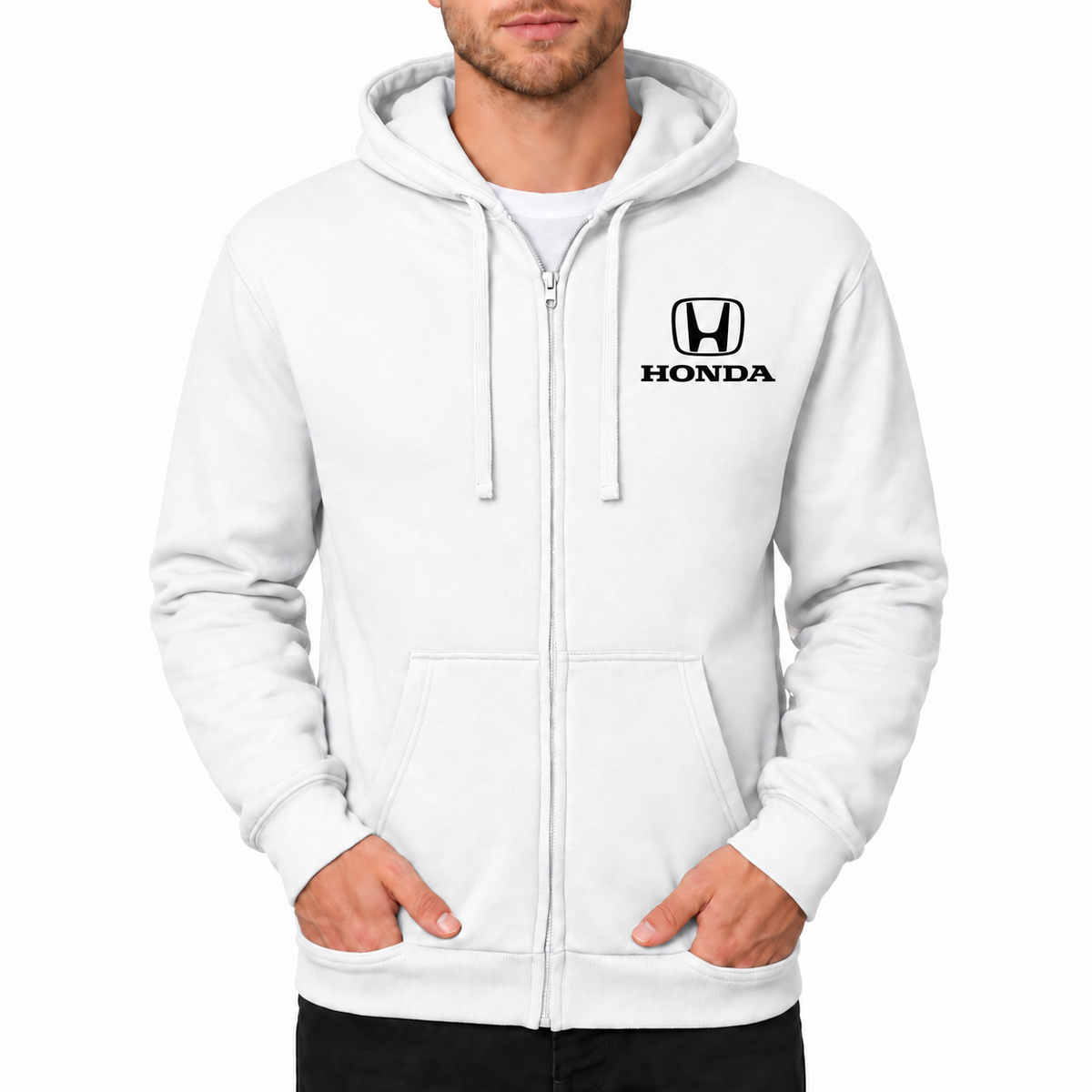 Honda White zipper hoodie front left chest heat transfer