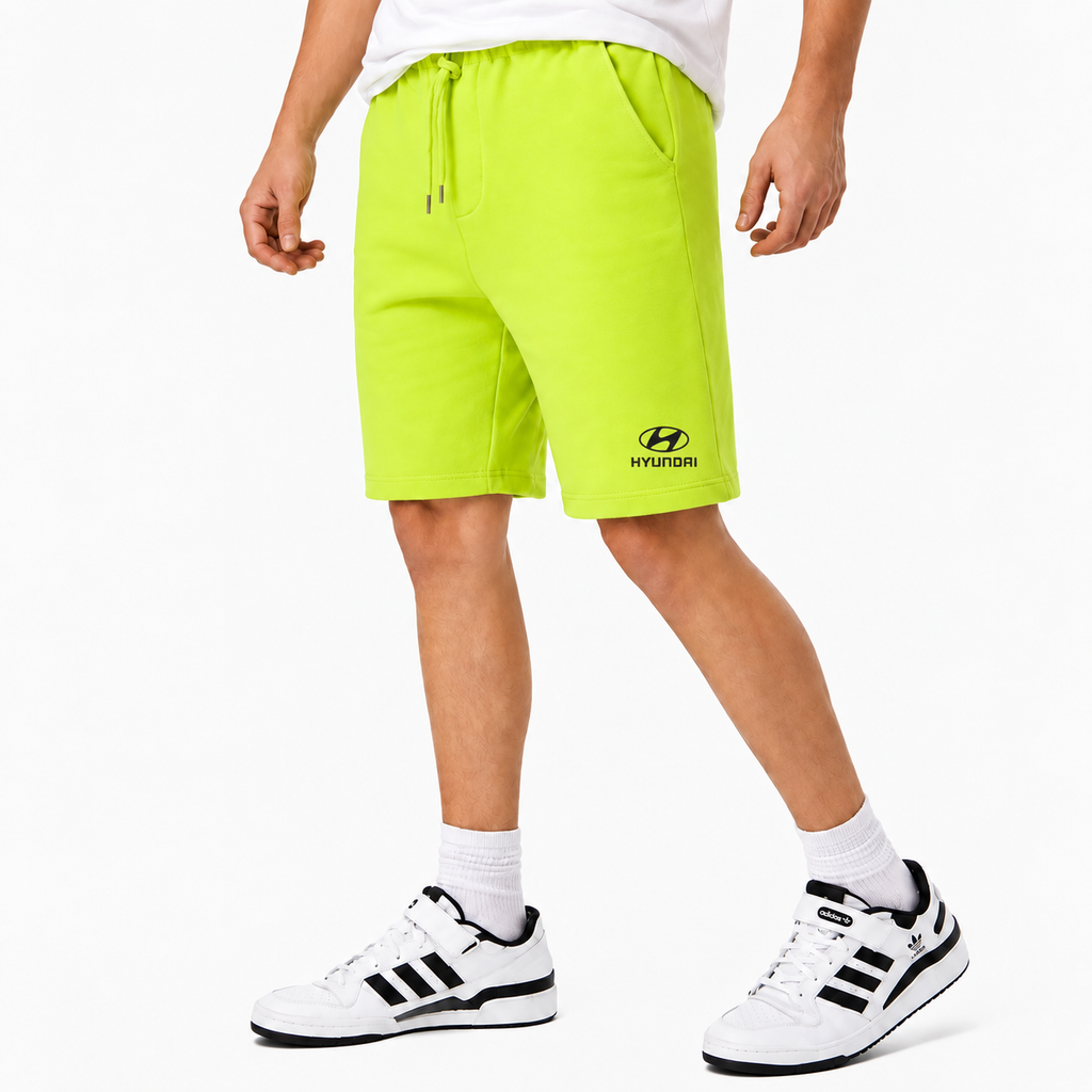 Hyundai fleece shorts Lime Green front logo near left hem