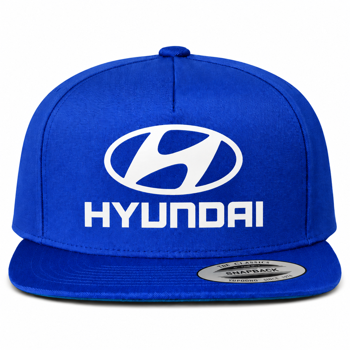 Hyundai snapback Blue front centered heat transfer