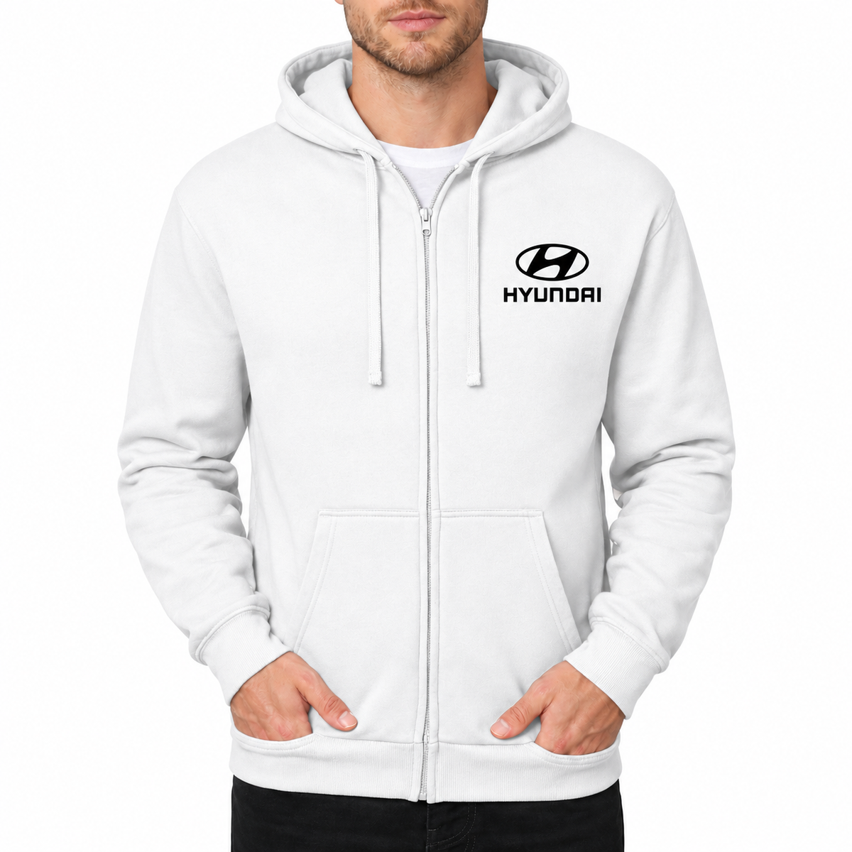 Hyundai White zipper hoodie front left chest heat transfer