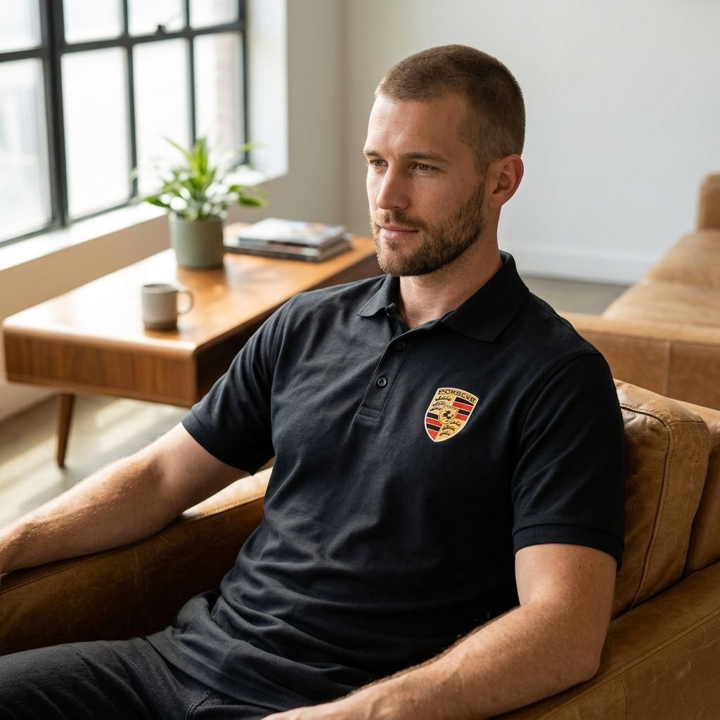 Indoor lifestyle shot of male wearing Men’s Porsche Polo, highlighting fit and fabric texture.