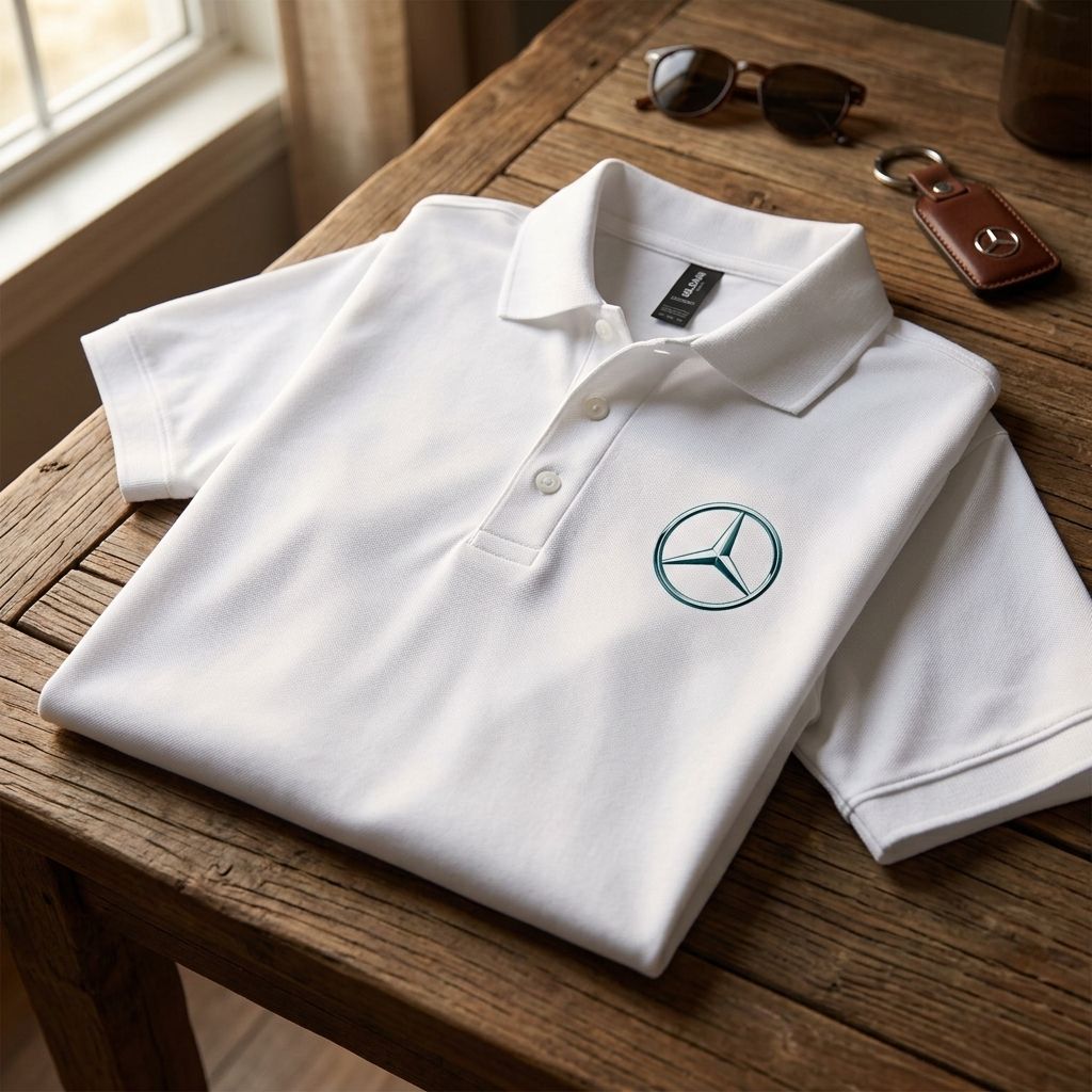 Neutral-colored Mercedes-Benz polo laid on rustic wooden table with soft indoor window light emphasizing fabric details.